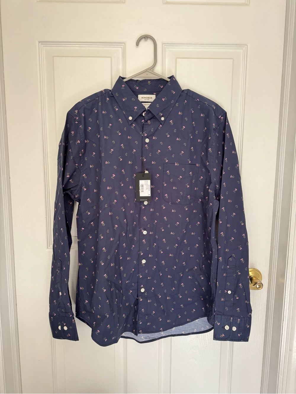 Bonobos Navy Button-Down Shirt with Pink Floral Print